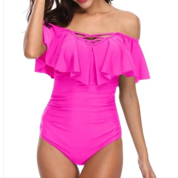 SHEIN Other - Shein Pink Off Shoulder One Piece Swimsuit Tummy Control Bathing Suit Ruffle 1X